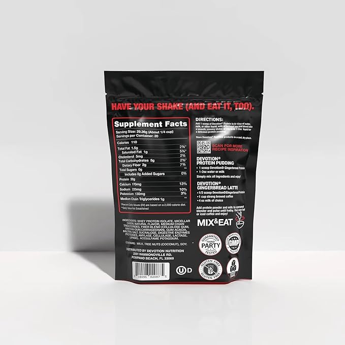 Devotion Nutrition Protein Powder Gingerbread – 20g Whey Isolate &amp Casein Protein Blend – No Added Sugar Low Carb Gluten-Free Keto-Friendly 1g MCT Kosher – 20 Servings
