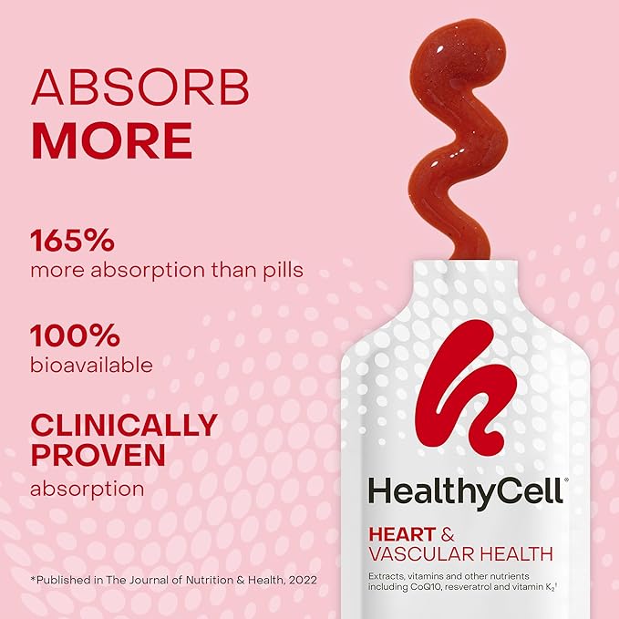 Healthycell Heart &amp Vascular Health Daily Liquid Supplement - Cardiovascular Support with Beet Root Powder Resveratrol CoQ10 Omega-3 &amp Vitamin K - 30 Gel Packs