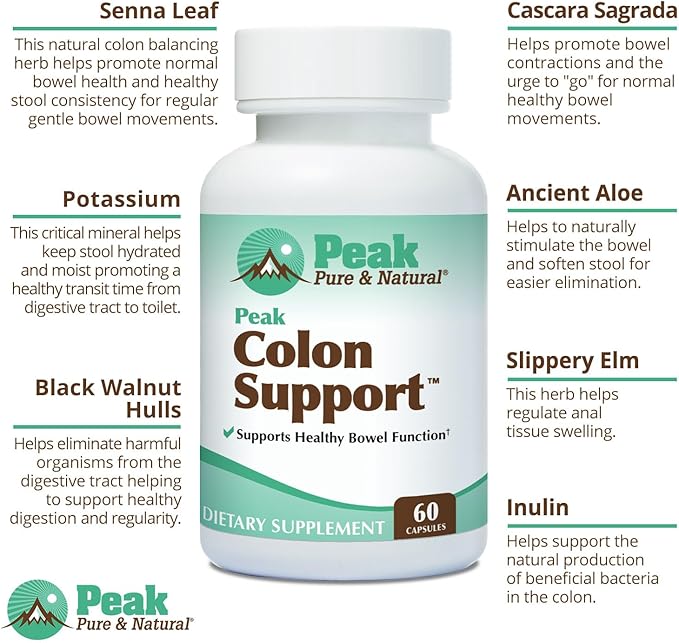 Peak Pure &amp Natural Colon Support - Colon Cleanse and Detox Supplement for Digestive Health - Gut Health Support with Inulin and Senna Leaf Extracts - with Fiber Prebiotics and Probiotics - 1 Pa