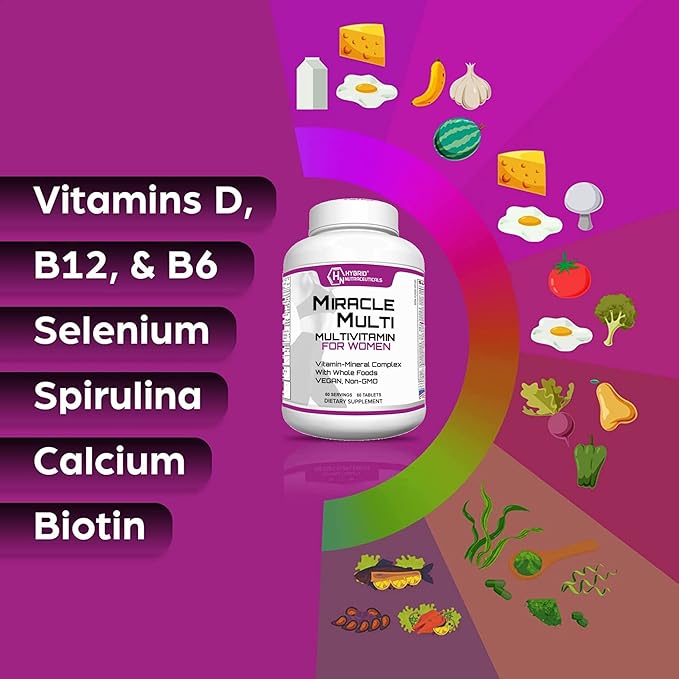 Hybrid Nutraceuticals MiracleMulti Women Multivitamin with Probiotics Biotin Folic Acid Enzymes + Fruit &amp Vegetable Blend - Immune Support Heart Health Energy: 60 Servings (Non-GMO) (2)