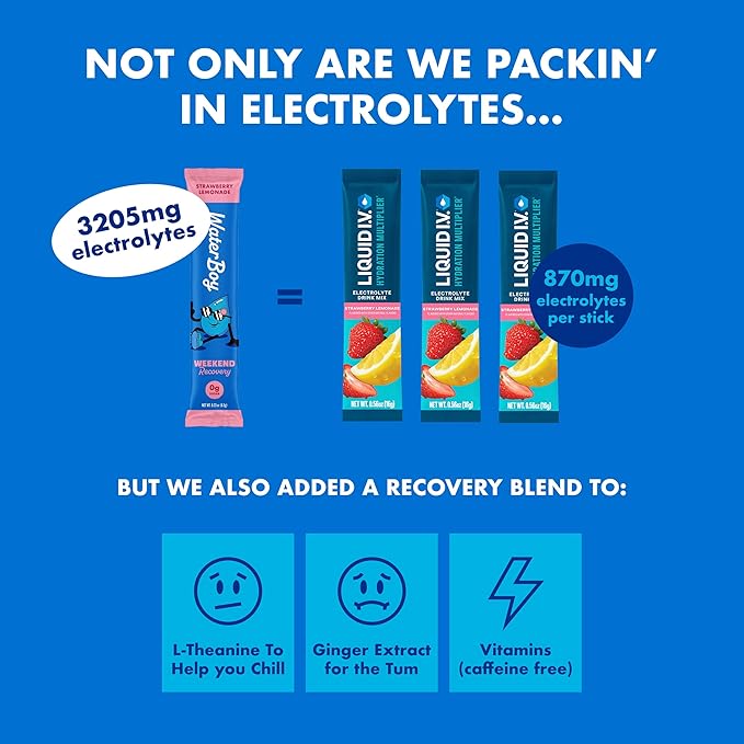 Waterboy Weekend Recovery | 3200mg Electrolyte Powder Packets | Ginger + L-Theanine + Vitamins | No Sugar All Natural Gluten Free | 24 Drink Stick Mixes (Fruit Punch)