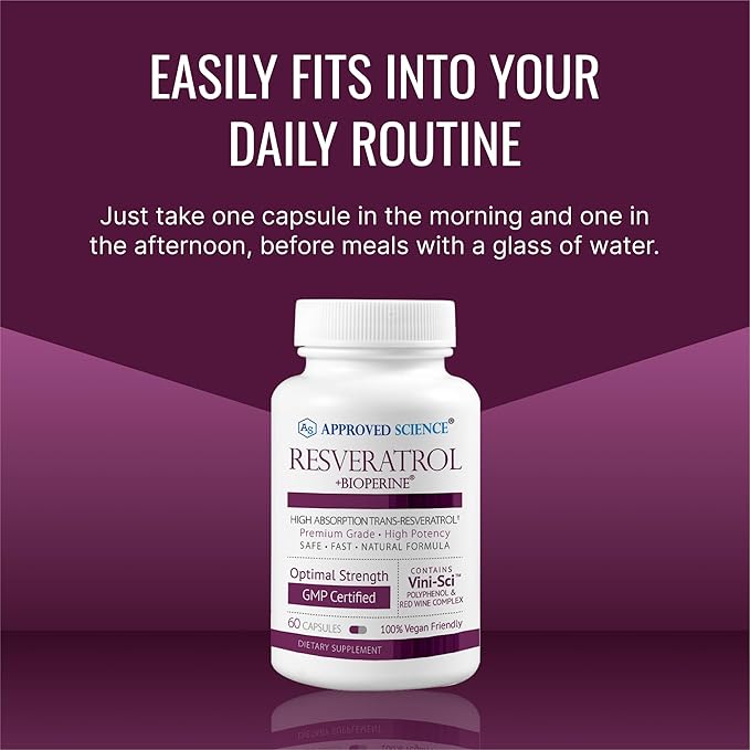 Approved Science® Resveratrol - 1000 mg of Trans Resveratrol - 250 mg of Polyphenol - 98% Purity Level - Includes Bioperine® - 180 Vegan Friendly Capsules per Bottle- 1 Bottle