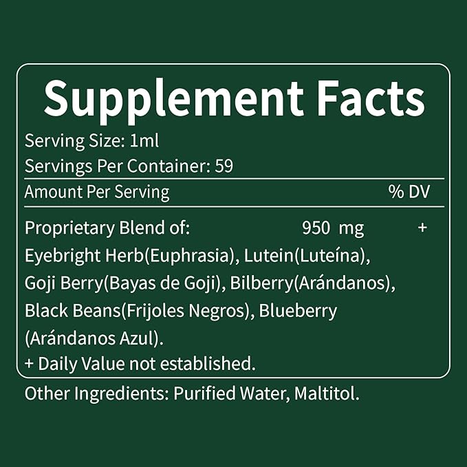 Eyebright Herb Eye Health Drops Bilberry &amp Lutein Liquid Extract Herbal Supplement for Eye Strain Relief &amp Sight Care Support. Euphrasia Officinalis Arándanos Luteína para Los Ojos. 2oz