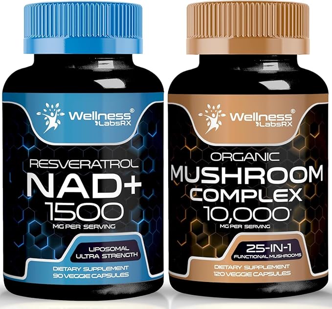 WELLNESS LABSRX NAD Supplement 1500mg - Liposomal NAD+ Supplement with Resveratrol | Organic Mushroom Supplement Capsules - 10000mg - 25 in 1 Mushroom Complex Capsules | Bundle