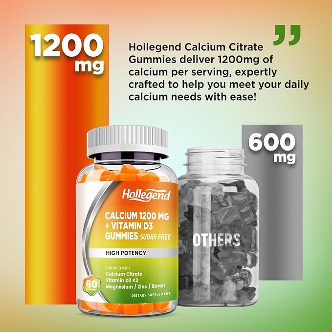Calcium 1200 mg with Vitamin D3 Gummies Calcium Citrate Chewables with Magnesium Zinc Vitamin K2 Boron Bone Health Sugar Free 60 Count