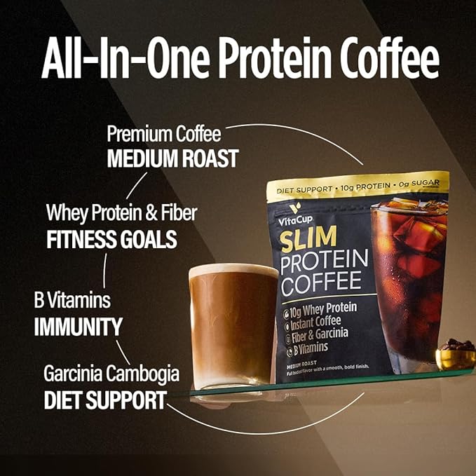 VitaCup Slim Protein Coffee Shake for Diet Support Instant Coffee w/Whey Protein Powder B Vitamins &amp Fiber Dietitian Developed for Performance &amp Taste Make as Iced Coffee or Shake 2 Bags
