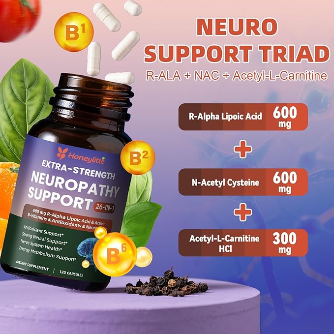 Alpha Lipoic Acid Neuropathy Supplements - with 600mg R-Alpha Lipoic Acid NAC ALC Active Vitamin B12 B1 B2 B6 - for Nerve Heath &amp Mental Support (120 Count * Pack of 2)