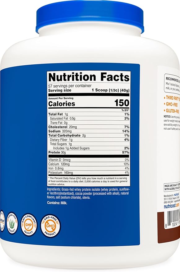 Nutricost Grass-Fed Whey Protein Isolate (Chocolate) 5LBS - Non-GMO Gluten Free Natural Flavors