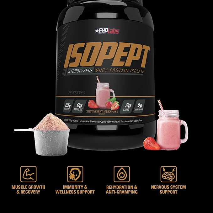 IsoPept Hydrolyzed Whey Protein Powder by EHPlabs - 100% Whey Protein Isolate &amp Hydrolysate 27g of Protein Non-GMO Gluten Free Fast Absorbing Easy Digesting 27 Serves (Strawberry Milkshake)