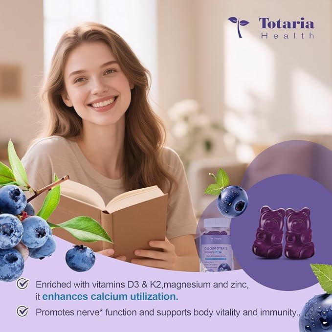 2 Pack Calcium Citrate Gummies 1200 mg - Calcium Supplements for Women with Vitamin D3 &amp K2MagnesiumZinc - Sugar Free Calcium Gummies for Bone &amp Teeth &amp Immune Support- Blueberry Flavor