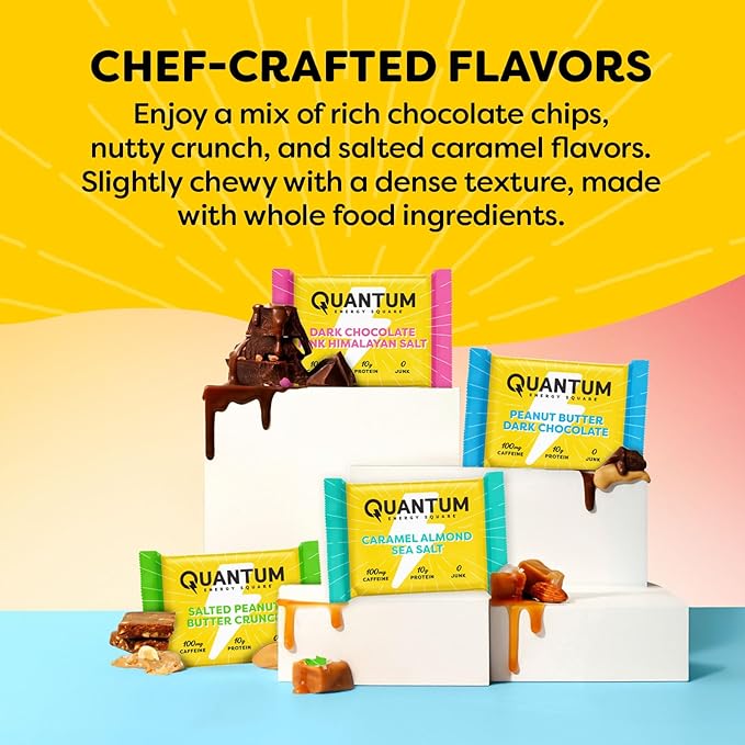 Quantum Energy Square: Energy Bar with Caffeine &amp 10g Protein. Delicious Healthy Snack On The Go. (Vegan Gluten-free Soy-free Dairy-free) (Variety Mega Pack)