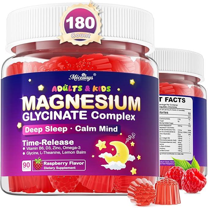 Magnesium Glycinate Gummies for Kids 4+ &amp Adults 180 Counts No Melatonin Magnesium Gummies for Sleep &amp Calm Sugar Free Vegan with Glycine L-Theanine B6 D3 Zinc &amp Omega 3 - Raspberry