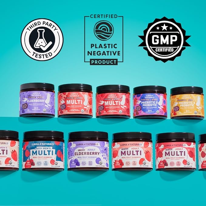 Llama Naturals Kids Pre &amp Probiotic Gummies + Adult Pre &amp Probiotics Bundle | No Added Sugar Cane | Vegan | Organic | Mixed Berry Flavor | 2 Bottles