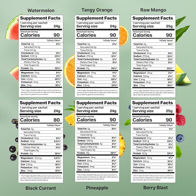 GreenProtein | Vegan Plant Pea Protein Isolate Powder | Dairy Gluten Allergen &amp Soy Free No Added Sugar | Pineapple Black Currant Berry Blast Watermelon Raw Mango &amp Orange | Pack of 30