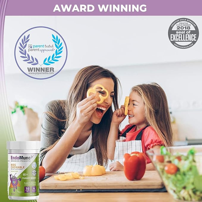 Endomune Jr Advanced Kids Probiotic and Prebiotic Chewables -10 Billion CFUs - 4 Strains Bacteria and FOS Prebiotic - Physician Formulated - 30 Chewable Tablets