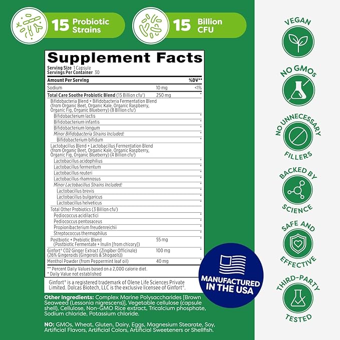 Probulin Total Care Soothe Prebiotic Probiotic and Postbiotic + Ginger &amp Mint for Digestive Soothing - 15 Billion CFU - 15 Strains - 30 Vegan Capsules