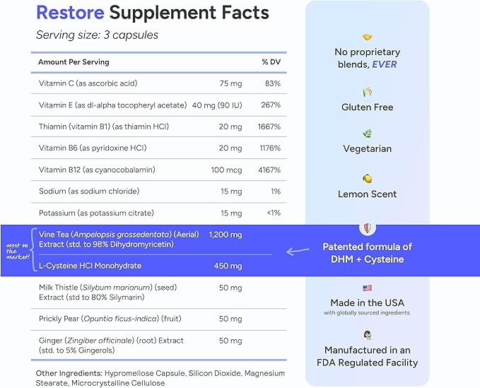 Cheers Restore | Supplement with DHM + L-Cysteine | Feel Better After Drinking &amp Support Your Liver | 12 Doses | Dihydromyricetin Cysteine Prickly Pear B-Vitamins Ginger