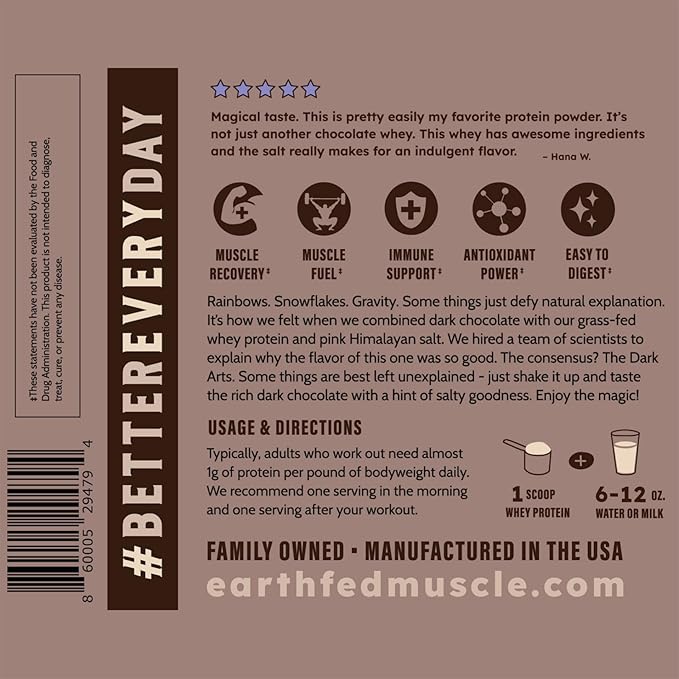 Earth Fed Muscle Dark Arts Grass Fed Truly Grass Fed Whey Protein Powder - No Artificial Ingredients Soy Free Gluten Free Non-GMO and Hormone Free (2 Pound 26 Servings Salted Chocolate)