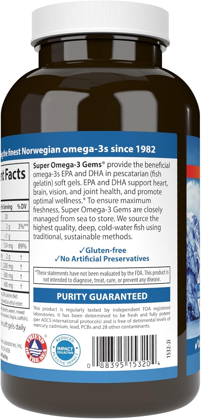 Carlson - Super Omega-3 Gems 1200 mg Omega-3s Cardiovascular Support Brain Function &amp Vision Health Norwegian 180 soft gels