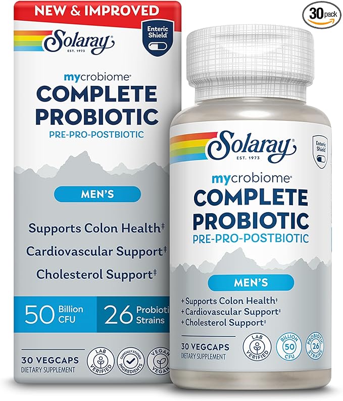 SOLARAY Mycrobiome Complete Probiotic Men's Formula - Pre and Probiotics for Men Plus Postbiotic - Digestive Health and Immune Support - 50 Billion CFU 26 Strains - Vegan - 30 Servings 30 VegCaps