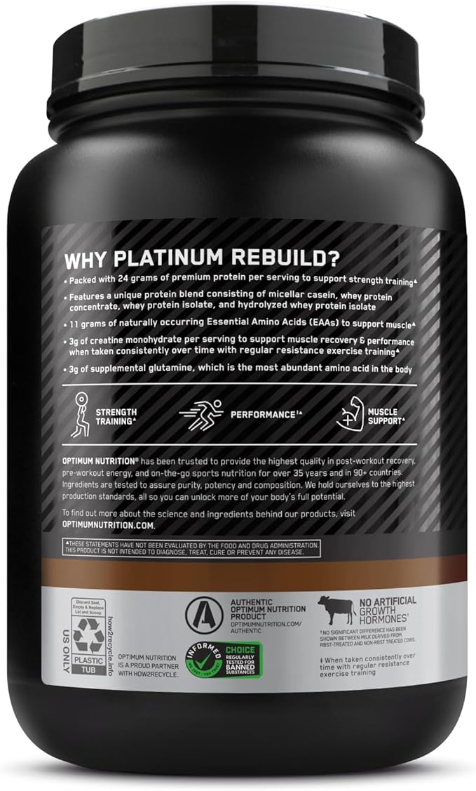 Optimum Nutrition Platinum Rebuild Premium Platinum Blend Protein Powder with Creatine Monohydrate Dark Chocolate 20 Servings