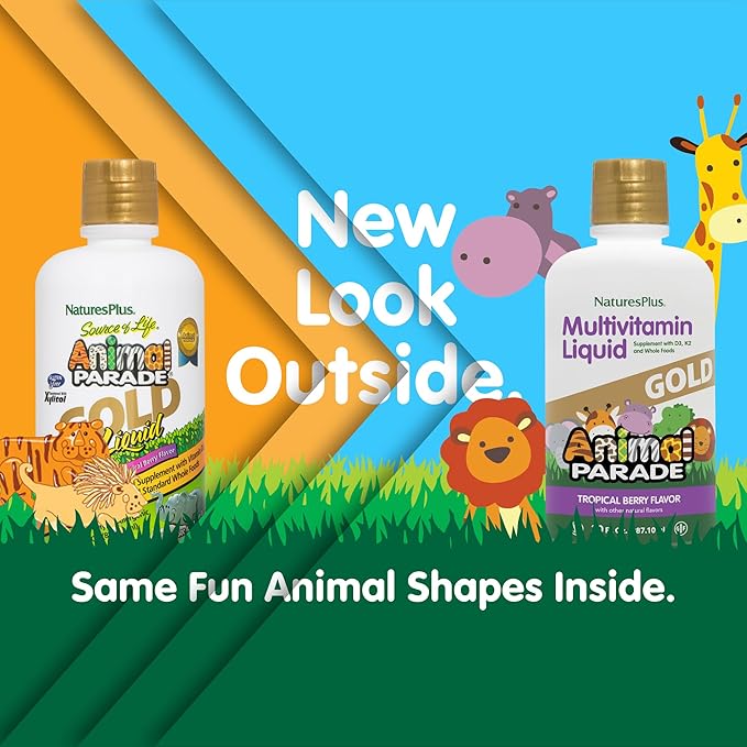 NaturesPlus Animal Parade Source of Life Gold Children's Liquid Multivitamin 30 OZ - Natural Tropical Berry Flavor - Immune Support Supplement - Organic Whole Foods Gluten-Free Vegan - 60 Servings