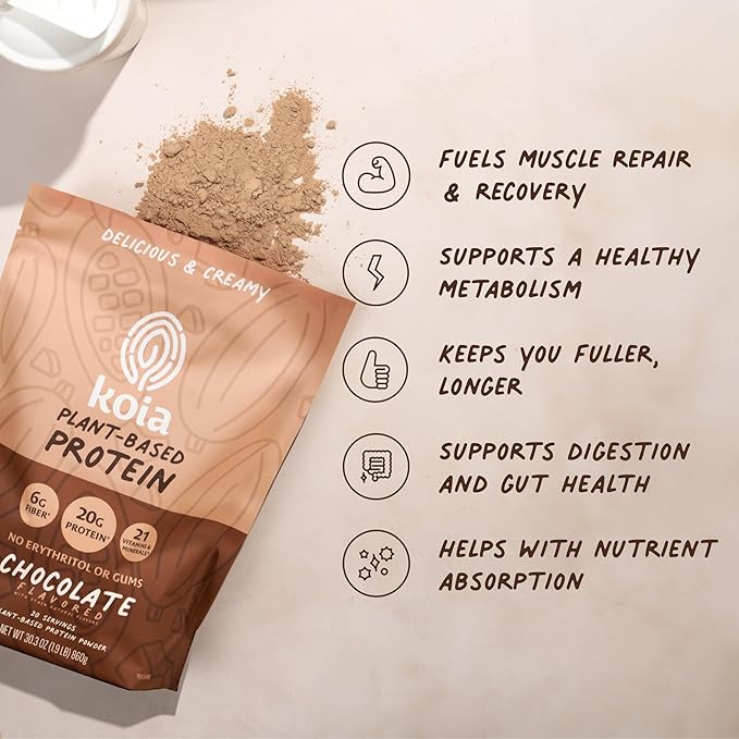 Koia Plant Based Protein Powder Chocolate 20g Protein 3g Sugar 6g Prebiotic Fiber Pre &amp Post Workout 21 Vitamins &amp Minerals No Seed Oils Dairy-Free Gluten-Free Non-GMO 20 Servings