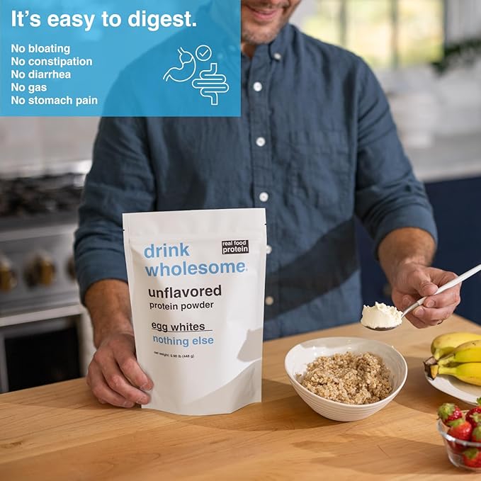 drink wholesome Unflavored Egg White Protein Powder for Sensitive Stomachs | Minimally-Processed Whole-Food Protein | Additive-Free Dairy-Free Gluten-Free | Low FODMAP