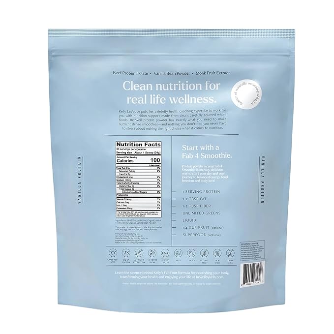 Be Well by Kelly Vanilla Grass-Fed Beef Protein Powder 23G of Protein &amp Zero Carbs (3 Ingredients 30 Servings) 9 Amino Acids + 3 BCAAs No Soy No Dairy Stevia-Free No Sugar Added 1.87lb 849g