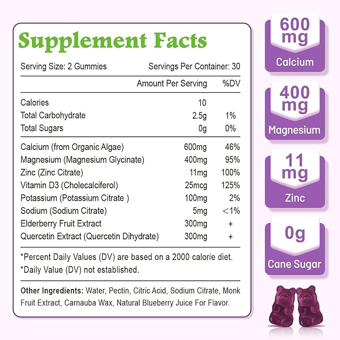 High Absorption Calcium Gummies Calcium Magnesium Zinc with Magnesium Glycinate Potassium Vitamin D3 for Women &amp Men- Blueberry Flavor 120 Cts