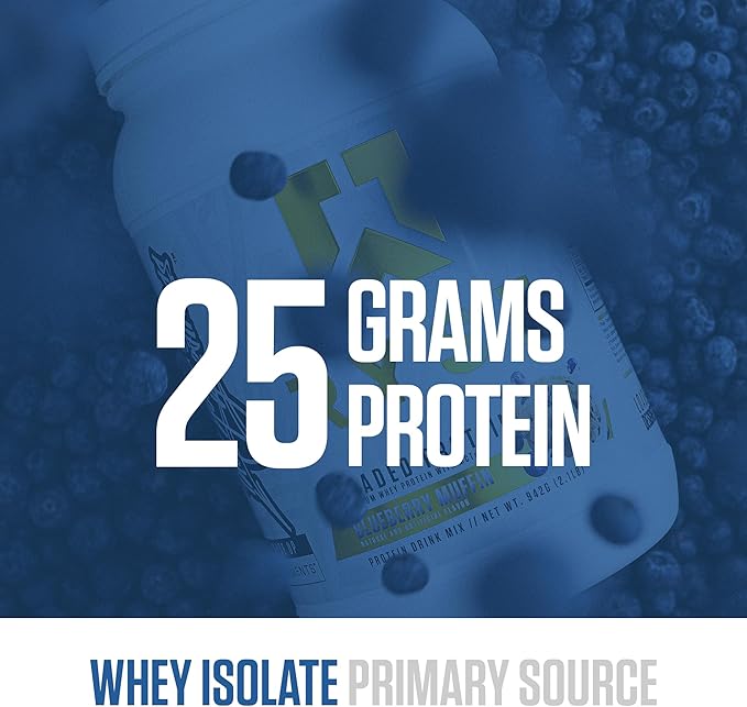 RYSE Loaded Protein Powder - Blueberry Muffin - 25g Whey Protein Isolate &amp Concentrate with Prebiotic Fiber &amp MCTs - Low Carb Low Sugar Digestive-Friendly - 20 Servings / 1.5 lb Tub