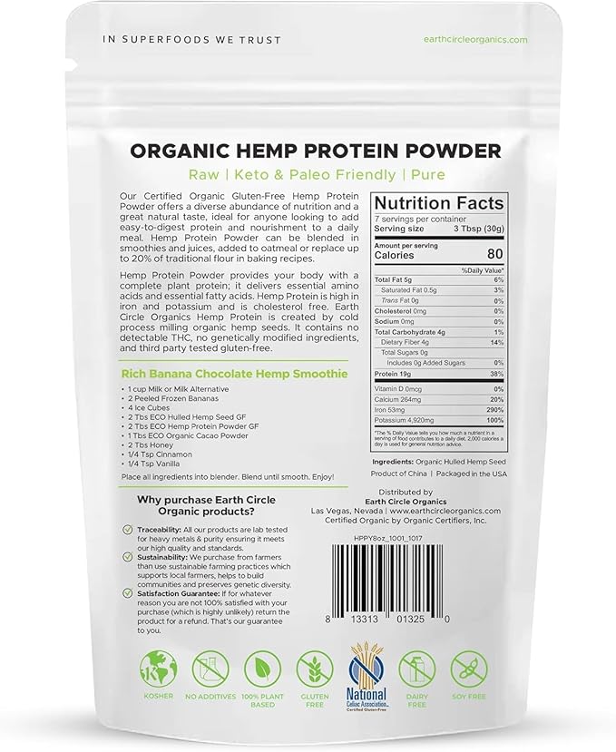Earth Circle Organics Organic Hemp Protein Powder Lab Tested 100% Gluten Free Plant Based &amp Vegan Raw Protein Powder - Perfect for Keto Meal Replacement Shakes Pre &amp Post Workout (8oz Pac