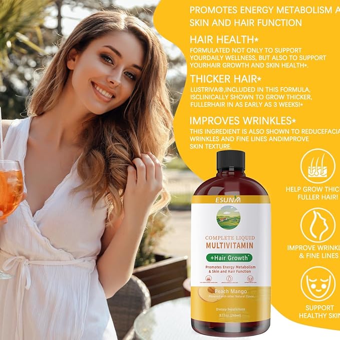 Complete Liquid Multivitamin + Hair Growth Promotes Energy Metabolism&amp Skin and Hair Function| Vitamin C D | B Vitamins | Help to Thicker Hair Wrinkles Fine Lines Skin Care