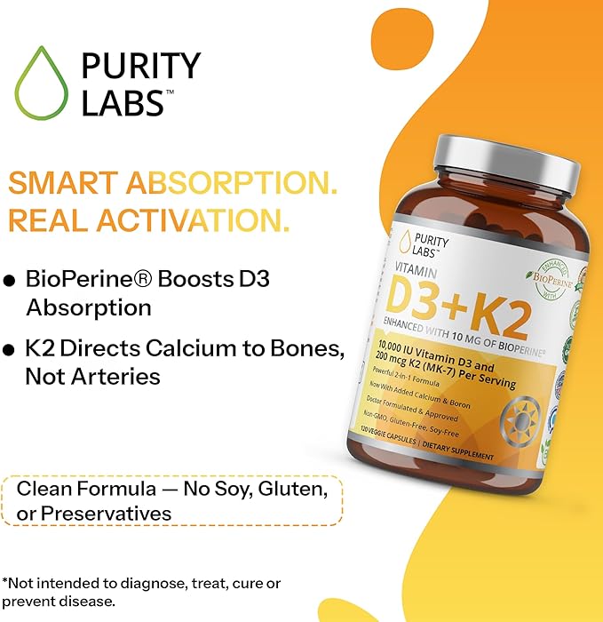 Purity Labs Vitamin D3 K2 10000 IU (250mcg) D3 + 200mcg K2 MK7 - Immune Support Supplement Enhanced with Bioperine - Supplements for Daily Defense Bone Muscle &amp Skin Health - 120 Capsules