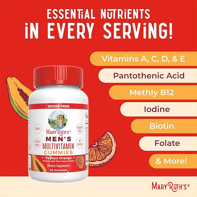 MaryRuth's Multivitamin Gummies for Men | Vitamin A C D E B6 B12 Biotin Zinc | Energy Metabolism | Immunity | Bone Health | Cellular Health | Vegan | Non-GMO | Gluten &amp Sugar Free | 60 Coun