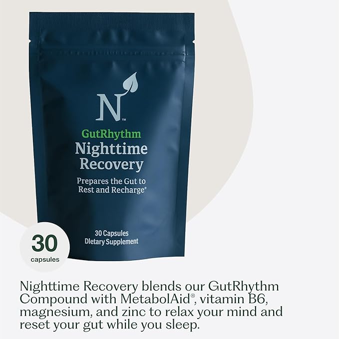 GutRhythm Nighttime Recovery Overnight Digestive &amp Sleep Aid Supplement with Vitamin B6 Melatonin Magnesium &amp Zinc | Supports Gut Health &amp Promotes Restful Sleep | Vegan 30 Servings