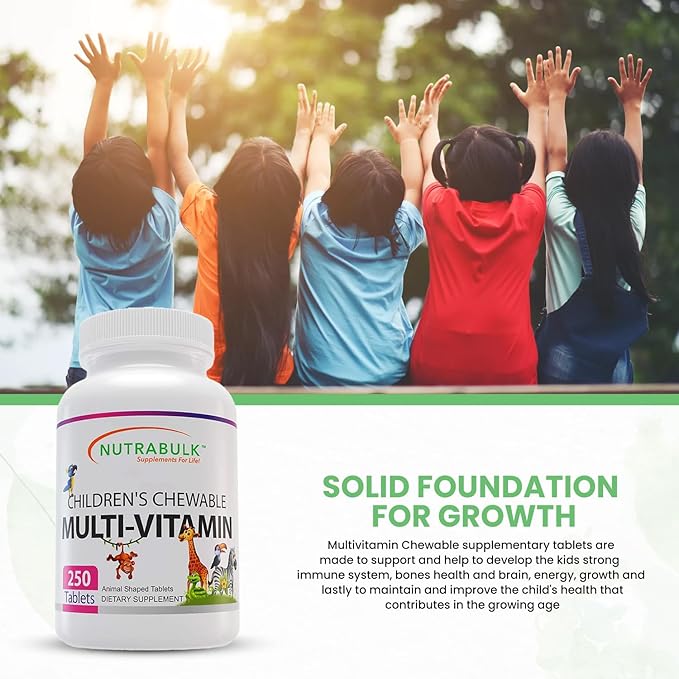 NutraBulk Children’s Chewable Multi-Vitamins - Promoting Kids' Overall Development - USA-Made May Help to Support Immune Bone Brain &amp Overall Well Being- Vegan &amp Gluten Free - 250 Cherry Ta