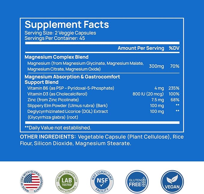 Selerb Magnesium Complex for Women and Men-GlycinateMalateCitrateOxide Supports Calm Sleep Muscle &amp Energy with D3 B6 Zinc Slippery Elm &amp DGL Gentle on Stomach 90 Capsules