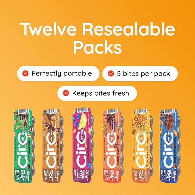 CirC Protein Energy Bites Variety Pack - Gluten Free Protein Balls 10g Protein Healthy Bar Snack for Adults &amp Kids Non-GMO Whole Grains Nuts &amp Fruit Resealable Pack 12 Pack Count (5 Prot
