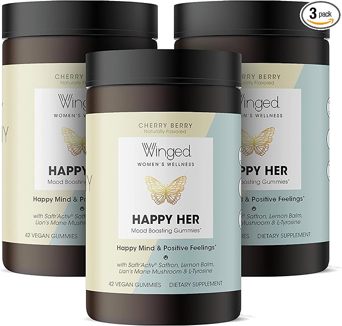 Winged Wellness Happy Her - Mood Support Gummies - Contains Saffr’ Activ Saffron Extract 5-HTP L-Tyrosine Lion's Mane Lemon Balm and Chaste Tree - Vegan Gummy Cherry Flavored - 3 Pack 126 Count