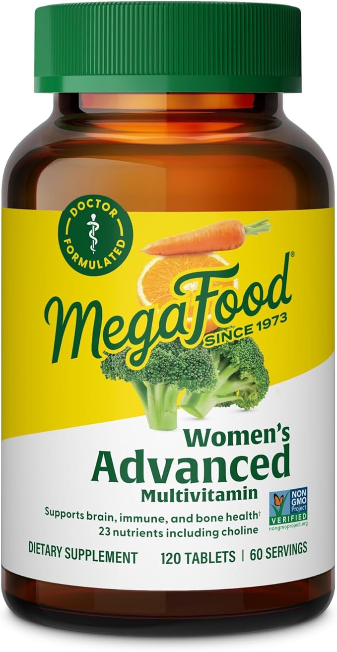 MegaFood Women's Advanced Multivitamin for Women - Doctor-Formulated With Iron Choline Vitamin D Vitamin C &amp Zinc - Brain Health - Immune Support - Non-GMO - Vegetarian - 120 Tabs (60 Servings)