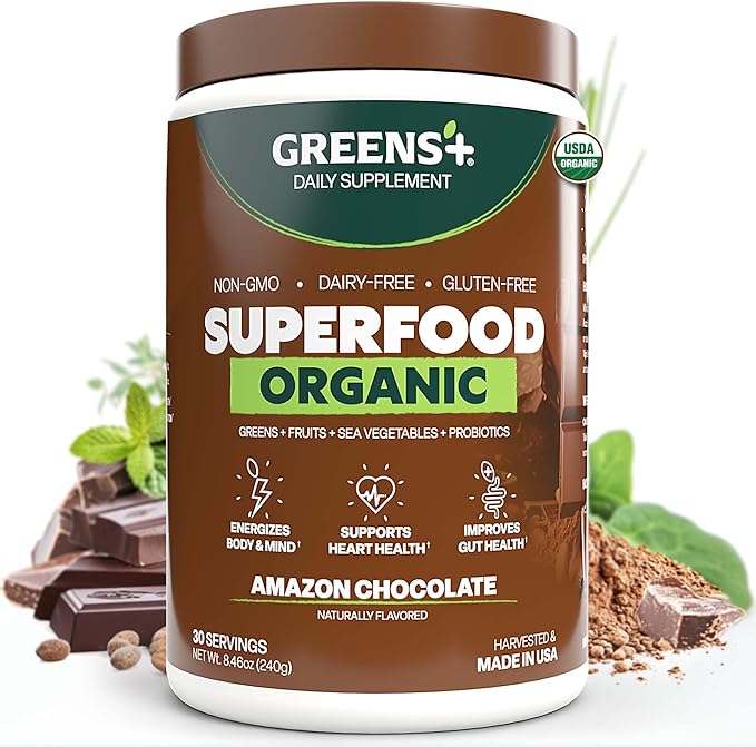 Greens+ Plus Organic Superfood Amazon Chocolate Boost Energy Essential Blend of Raw Foods Non GMO Gluten Free USDA Organic and Vegan Powder 8.46 oz
