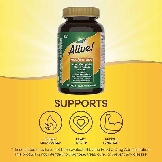 Nature's Way Alive! Max3 Potency Daily Multivitamin Methylated B12 and Folate Ultra Potency B-Vitamins to Support Energy Metabolism* 180 Tablets (Pack of 2)