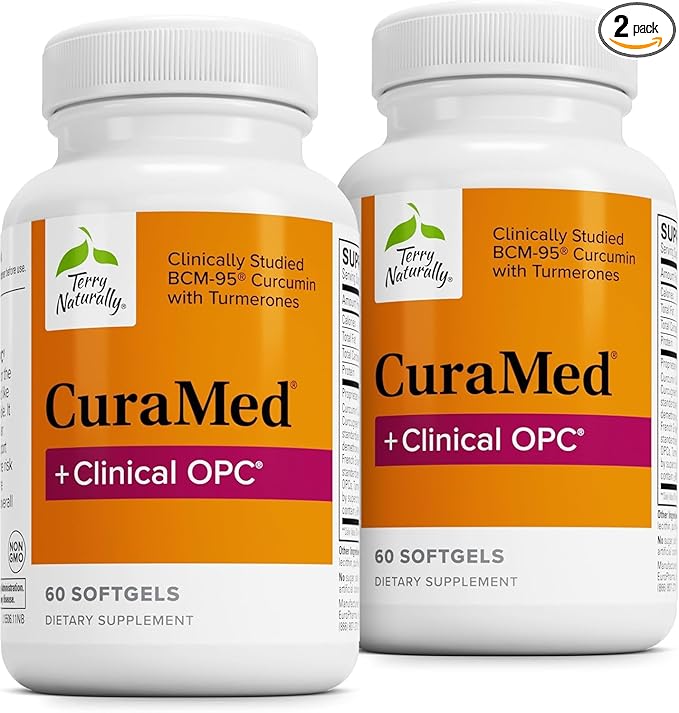Terry Naturally CuraMed + Clinical OPC - Curcumin Supplement with French Grape Seed Extract - Brain Prostate &amp Liver Health Support - Supplement with Ar-Turmerone - 60 Softgels (2 Pack)