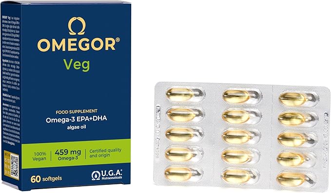 Vegan Omega 3 Supplement OMEGOR Veg - Algae Oil Omega 3 with 250mg EPA and 125mg DHA with Vitamin E - Vegan Society and IFOS Certified (60 Caps)