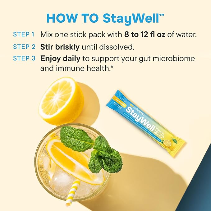 Daily Nouri StayWell Gut Health Drink Mix | Digestive &amp Immune Support Powder | Colostrum + L-Glutamine + Probiotics | Lemonade | 60 Stick Packs