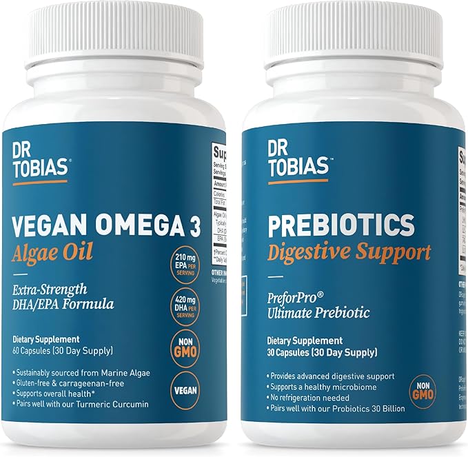 Dr. Tobias Vegan Omega 3 Algae Oil and Prebiotics for Enhanced Immune Function Vegan &amp Non-GMO Gut Health Supplements for Men and Women