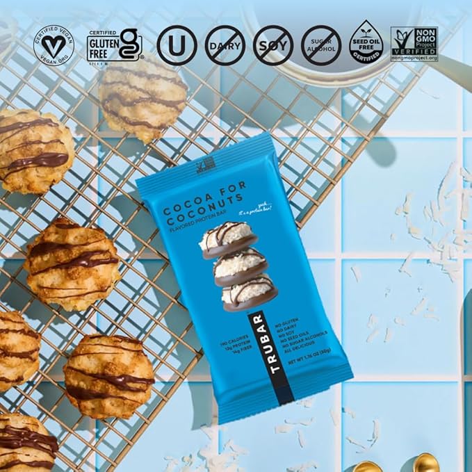 TRUBAR Vegan Protein Bar Cocoa For Coconuts Gluten Free Plant Based Protein Dairy Free Non GMO Soy Free No Sugar Alcohols 12G Protein 12G Fiber 23G Carb On the Go Snack Bars 12ct