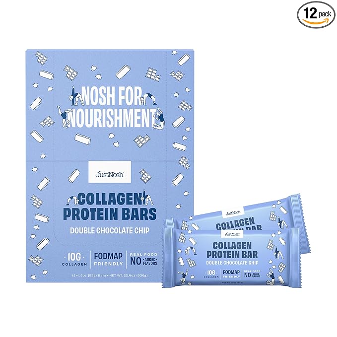 JUSTNOSH Double Chocolate Chip Collagen Protein Bars – 15g Protein 10g Collagen | Gluten &amp Dairy Free Low FODMAP Seed Oil Free (12 Pack)