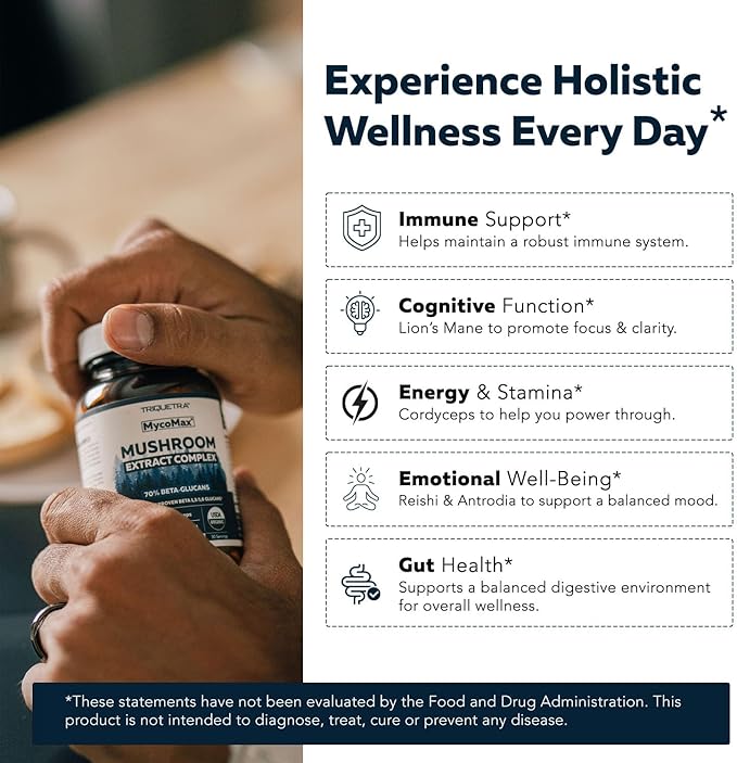 MycoMax Mushroom Complex - 70% Beta Glucans Max Potency Mushroom Supplement US Grown + Ultrasonic Extraction - Lions Mane Cordyceps Reishi &amp More - Cognition Immunity Energy - 60 capsules